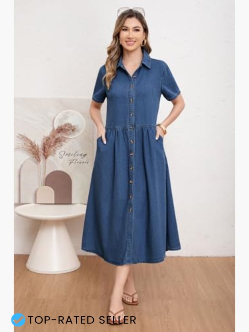 Denim Shirt Dress Oversized A-Line Midi Button Down Frayed Hem - Picture 2 of 7